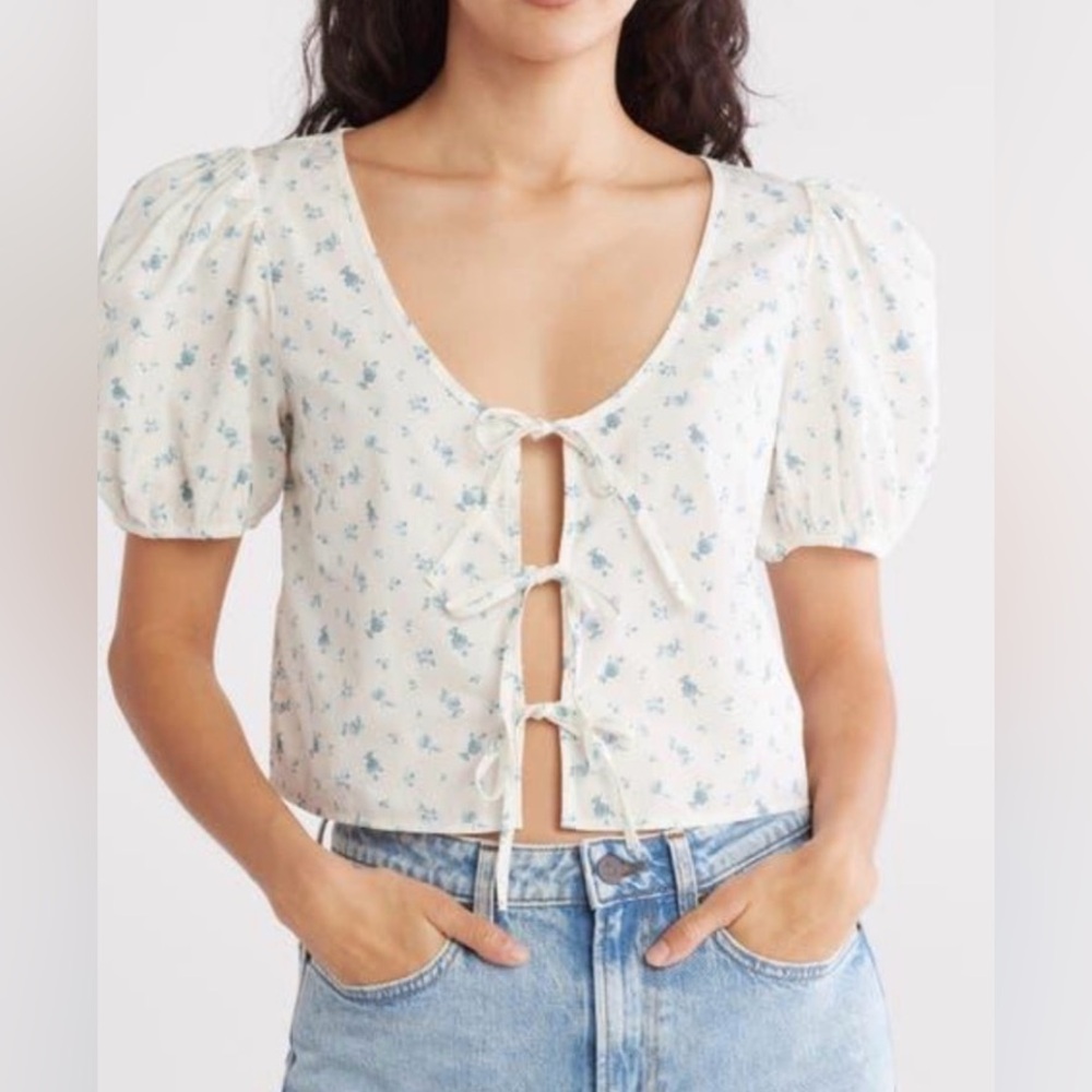 Nordstrom Abound Tie Front Cotton Poplin Crop Top White Floral Small